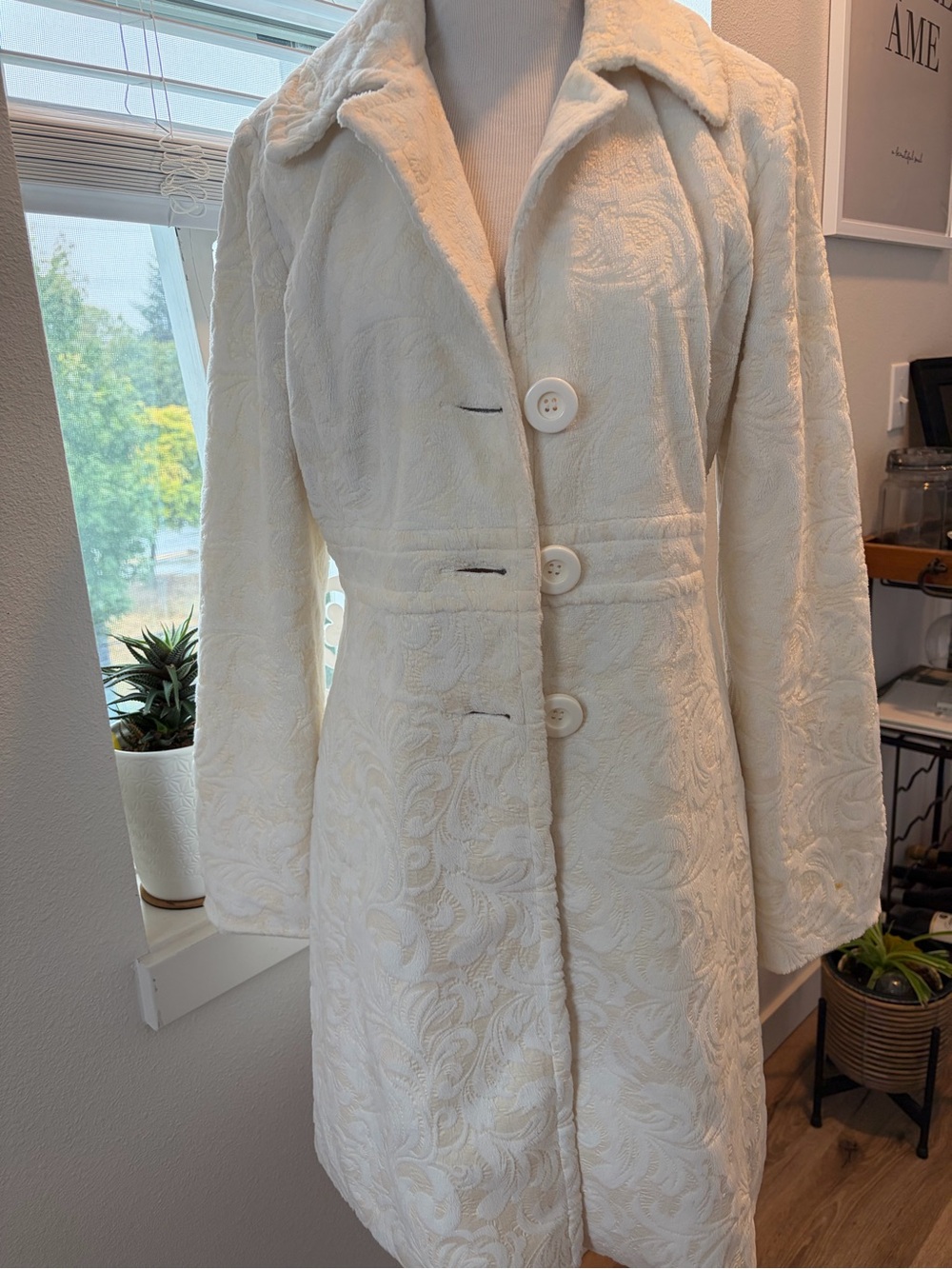 White House Black Market Cream Textured Long Trench Coat